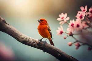 une petit Orange oiseau est perché sur une branche. généré par ai photo