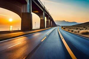 une Autoroute avec une pont à le coucher du soleil. généré par ai photo