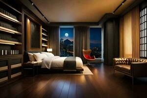 une chambre avec une grand lit et une nuit ciel. généré par ai photo