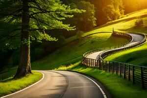 une enroulement route dans le campagne avec des arbres et herbe. généré par ai photo