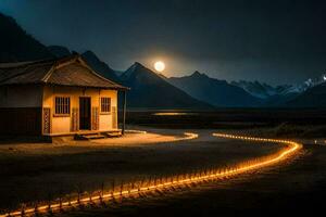 une petit maison dans le milieu de une champ avec une plein lune. généré par ai photo