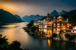 le magnifique palais dans le milieu de le Lac à le coucher du soleil. généré par ai photo