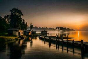 une magnifique lever du soleil plus de le lac. généré par ai photo