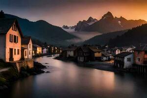 photo fond d'écran le ciel, montagnes, rivière, Maisons, le montagnes, le rivière, le montagnes. généré par ai