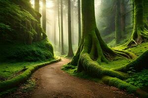 une chemin par une forêt avec des arbres et mousse. généré par ai photo