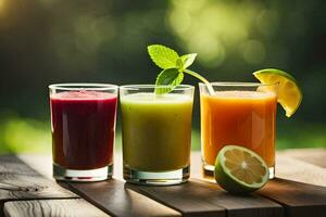 Trois différent jus sont séance sur une tableau. généré par ai photo