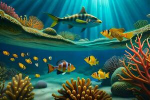 sous-marin scène avec poisson et coraux. généré par ai photo