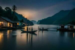 photo fond d'écran le ciel, eau, montagnes, bateaux, Maisons, coucher de soleil, le lune, le. généré par ai