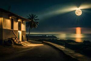 une maison avec une lumière brillant sur il dans de face de le océan. généré par ai photo