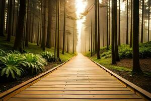 une en bois chemin dans le milieu de une forêt. généré par ai photo