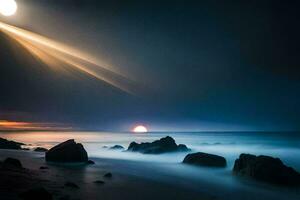 une plein lune plus de le océan avec rochers et une lumière faisceau. généré par ai photo