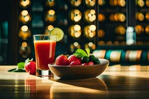 une bol de des fraises et une verre de jus. généré par ai photo