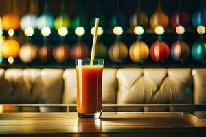 une verre de Orange jus séance sur une table dans de face de une mur de coloré lumières. généré par ai photo