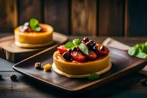 deux petit desserts sur une en bois plaque. généré par ai photo