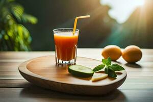 une verre de Orange jus sur une en bois tableau. généré par ai photo