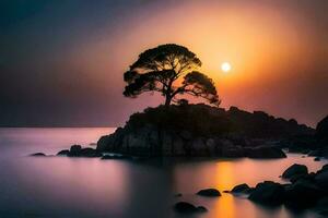 une seul arbre des stands sur une Roche dans le milieu de le océan à le coucher du soleil. généré par ai photo