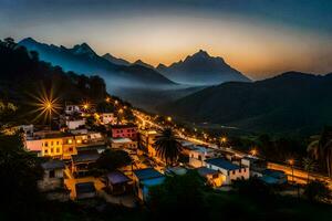 une ville dans le montagnes à crépuscule. généré par ai photo