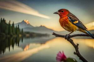 une coloré oiseau est assis sur une branche près une lac. généré par ai photo