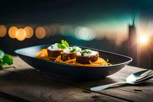 une assiette de nourriture avec carottes et Viande sur il. généré par ai photo