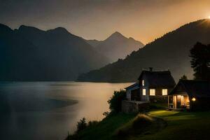 une maison est assis sur le bord de une Lac à le coucher du soleil. généré par ai photo