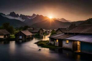 une rivière court par une village à le coucher du soleil. généré par ai photo