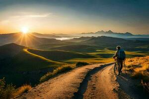 le Soleil monte plus de le montagnes. généré par ai photo