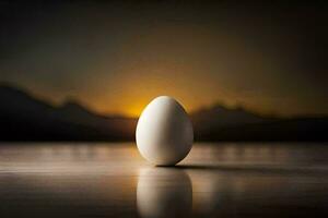 un Oeuf séance sur une table dans de face de une le coucher du soleil. généré par ai photo