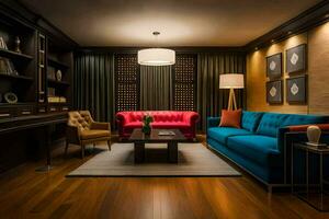 une vivant pièce avec une bleu canapé, rouge canapé et une café tableau. généré par ai photo