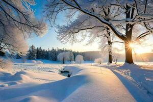 une neigeux paysage avec des arbres et le Soleil brillant. généré par ai photo