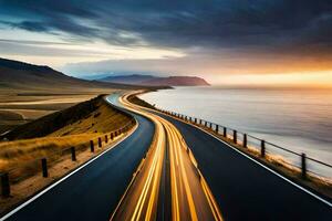 une longue exposition photo de une route avec une le coucher du soleil. généré par ai