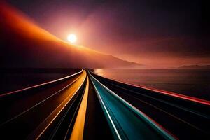 une train en voyageant le long de le route à le coucher du soleil. généré par ai photo