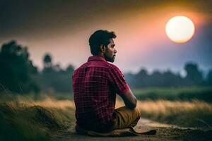 une homme séance sur le sol dans de face de le Soleil. généré par ai photo