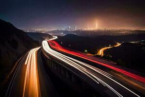 une longue exposition photo de une Autoroute à nuit. généré par ai