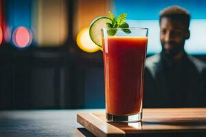 une homme séance à une bar avec une boire. généré par ai photo