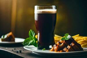 Bière et frites sur une plaque. généré par ai photo