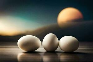 Trois des œufs sont séance sur une table avec une le coucher du soleil dans le Contexte. généré par ai photo