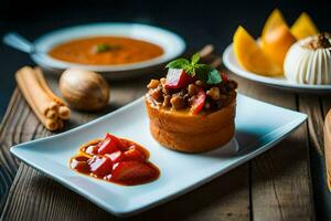 une assiette avec une dessert et certains autre aliments. généré par ai photo