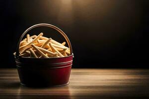 frites dans une seau sur une en bois tableau. généré par ai photo