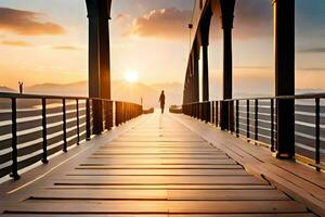 une la personne en marchant sur une pont à le coucher du soleil. généré par ai photo