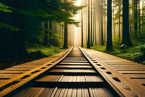 une en bois train Piste dans le milieu de une forêt. généré par ai photo