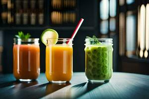 Trois différent les types de jus dans verre bocaux. généré par ai photo