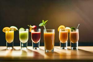 une rangée de différent les boissons sur une en bois tableau. généré par ai photo