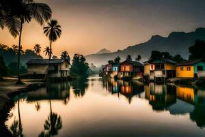 Maisons sur le rivière à le coucher du soleil avec paume des arbres. généré par ai photo