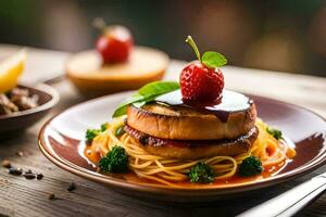 une assiette avec spaghetti et Viande sur Haut. généré par ai photo