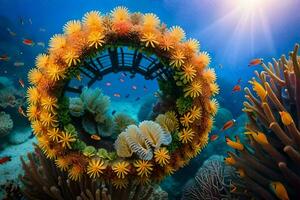 un sous-marin scène avec corail et un Orange cercle. généré par ai photo