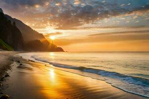 le Soleil ensembles plus de le océan et le plage. généré par ai photo