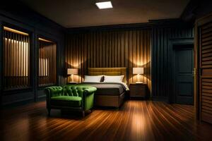 une chambre avec foncé bois des murs et une vert chaise. généré par ai photo