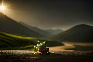 une grenouille séance sur le sol dans de face de une Montagne. généré par ai photo