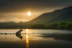 une grenouille est permanent sur le rive de une Lac à le coucher du soleil. généré par ai photo