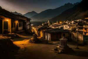 une village à crépuscule dans le montagnes. généré par ai photo